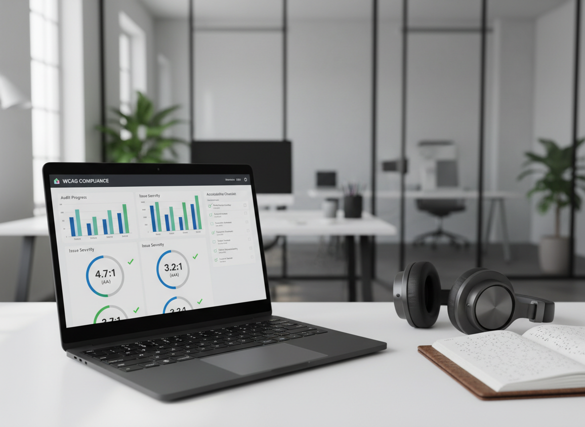 A sleek, high-contrast laptop screen displaying a detailed WCAG compliance dashboard with clear graphs, color contrast ratios, and accessibility checklists, placed on a minimalist white desk beside a tactile braille-embossed notebook and a pair of over-ear headphones. The background shows a blurred, modern office interior with large glass walls and neatly arranged devices, all out of focus. Soft, diffused daylight from a nearby window creates gentle reflections on the laptop’s matte-black bezel and subtle shadows on the desk. Photographic realism with a clean, modern aesthetic, shot at eye level with a shallow depth of field, conveying a professional, trustworthy atmosphere focused on digital accessibility excellence.